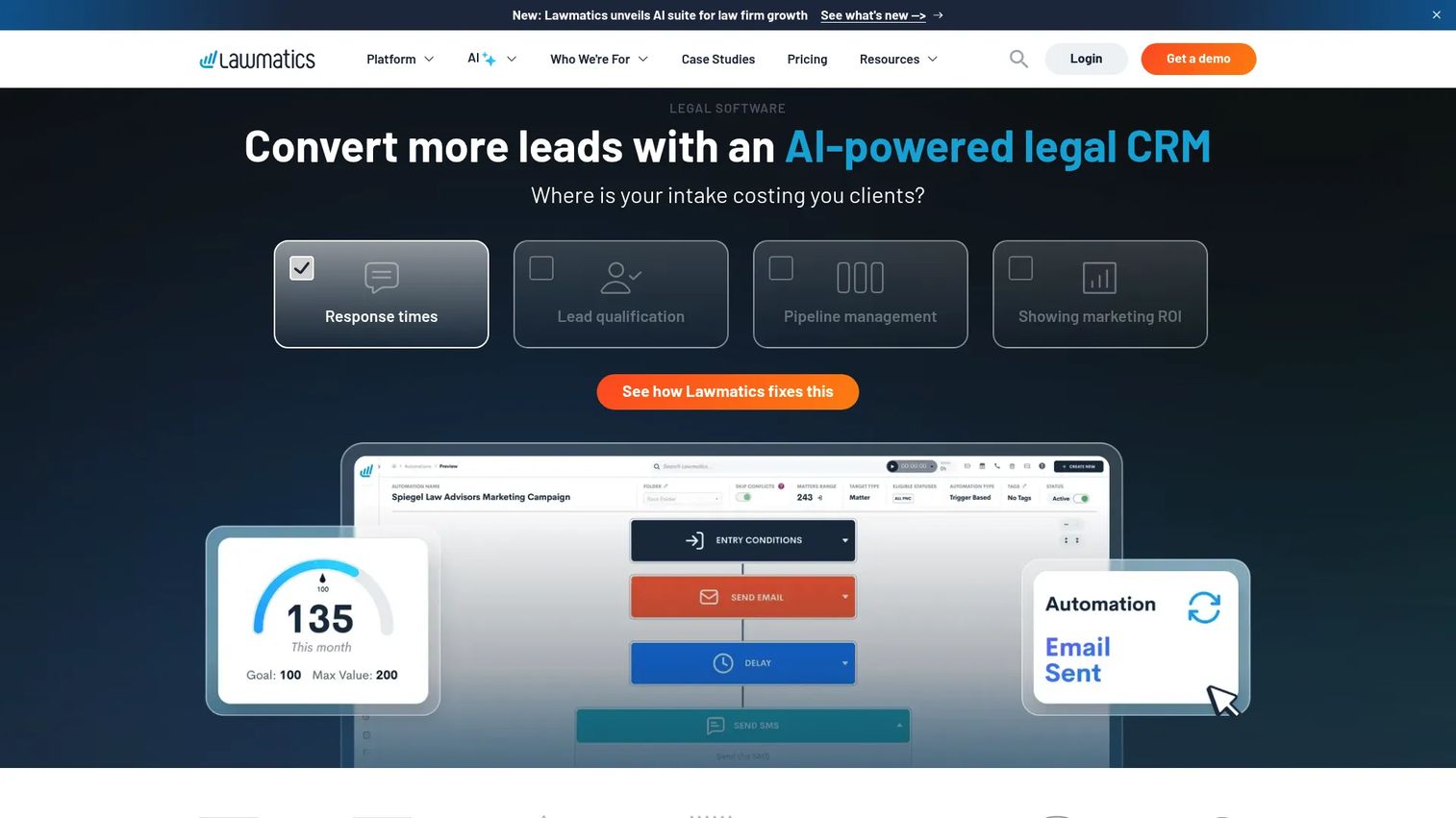Lawmatics legal CRM and client intake platform homepage
