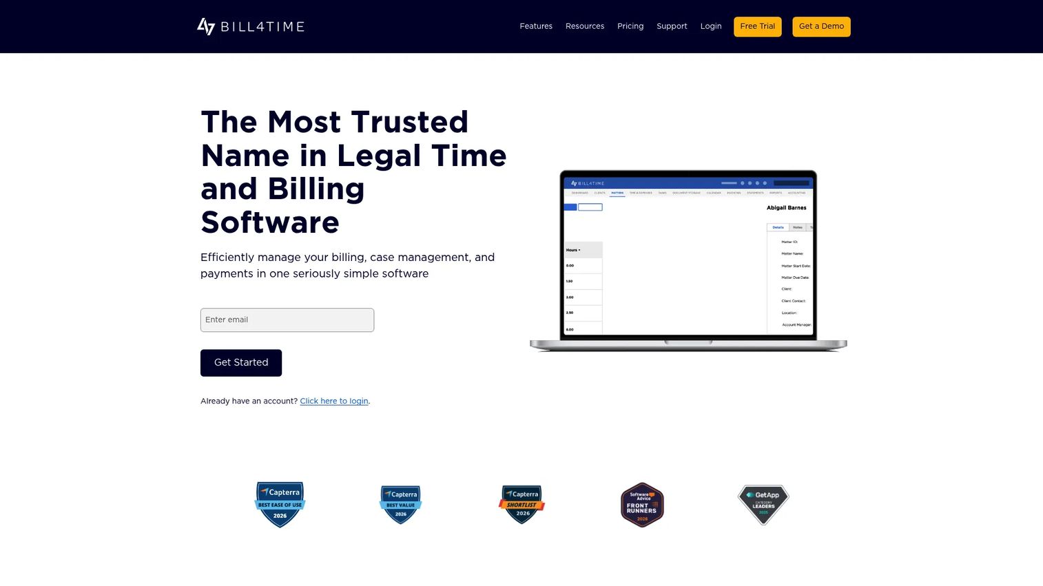 Bill4Time legal time and billing software homepage