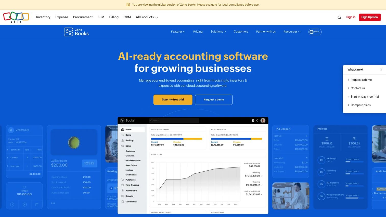 Zoho Books accounting software homepage