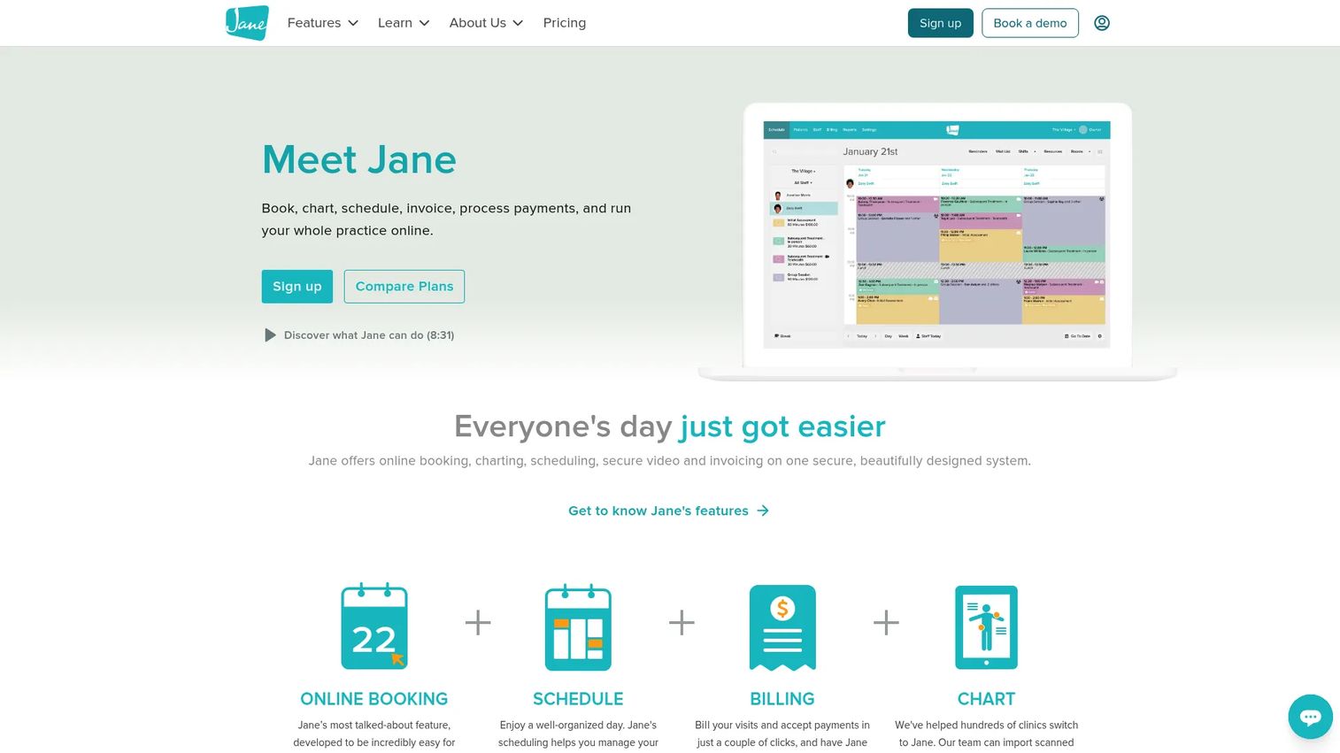 Jane App practice management software homepage