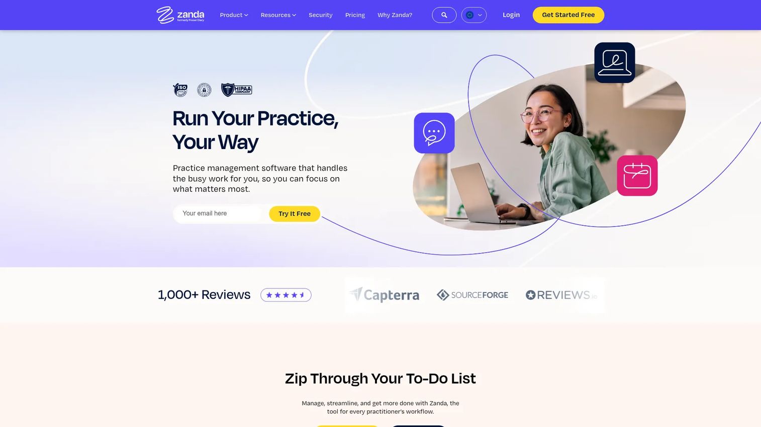 Zanda health clinic practice management software homepage