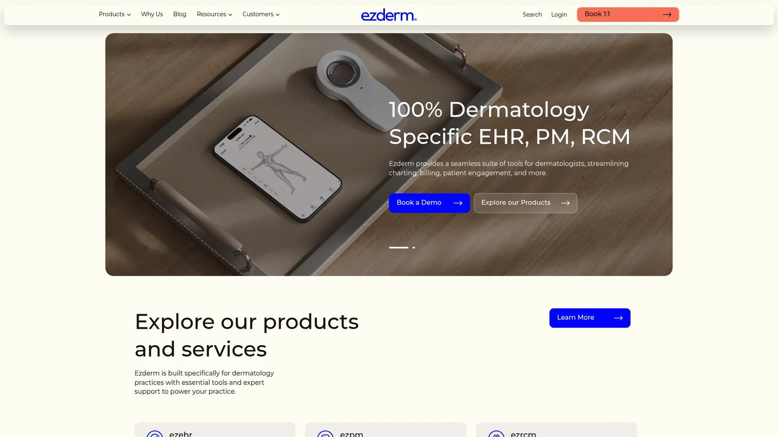 Ezderm dermatology EHR homepage