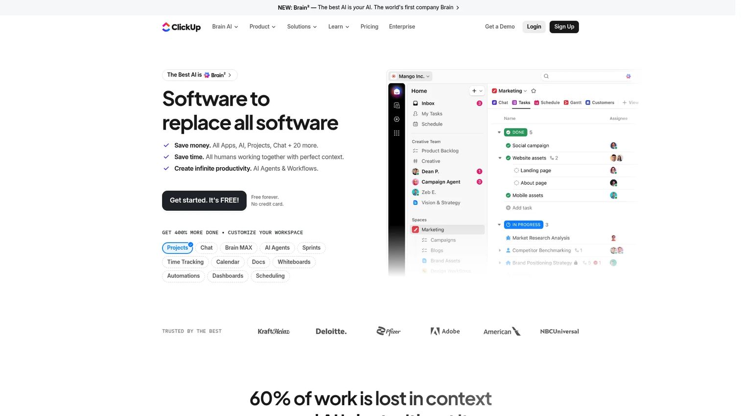 ClickUp multi-view workspace with list and board views
