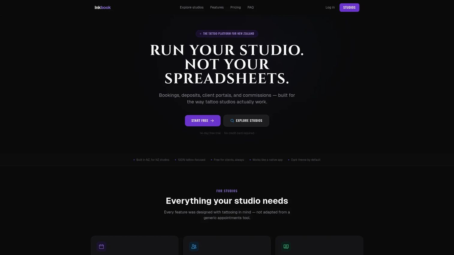 Inkbook tattoo studio management software homepage