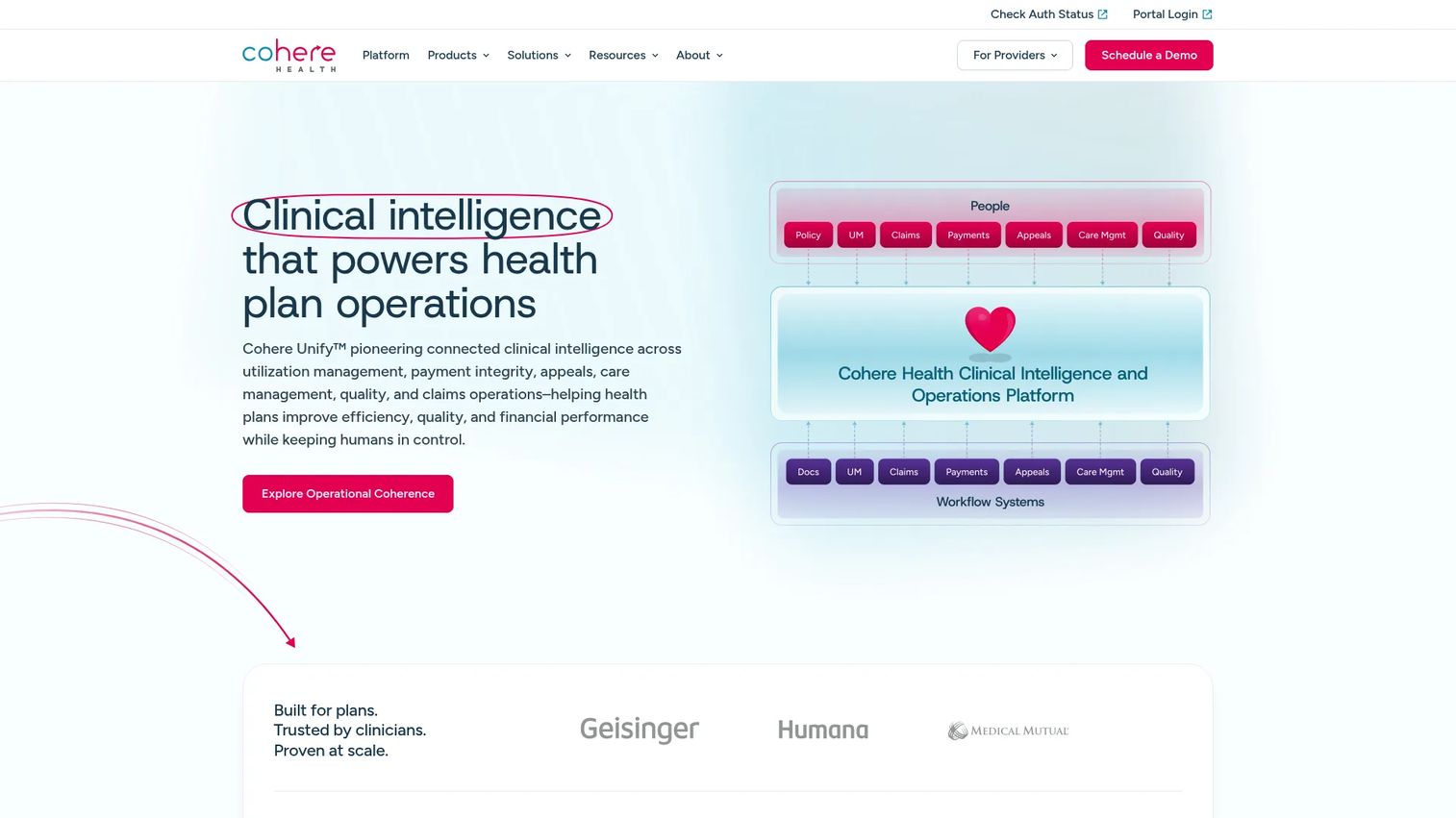 Cohere Health clinical intelligence platform homepage