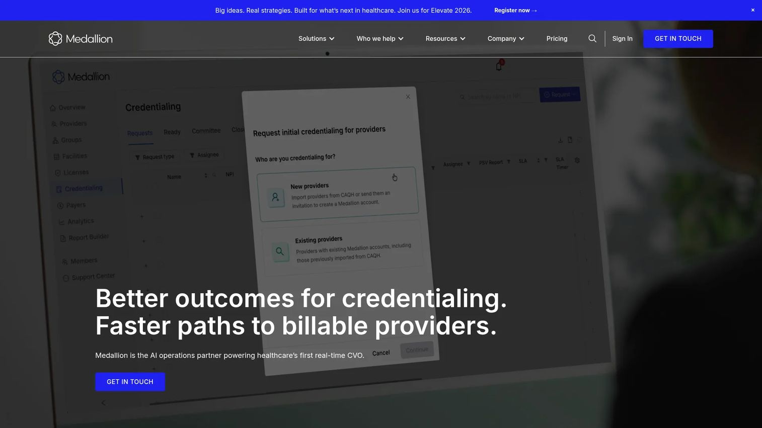 Medallion credentialing software homepage