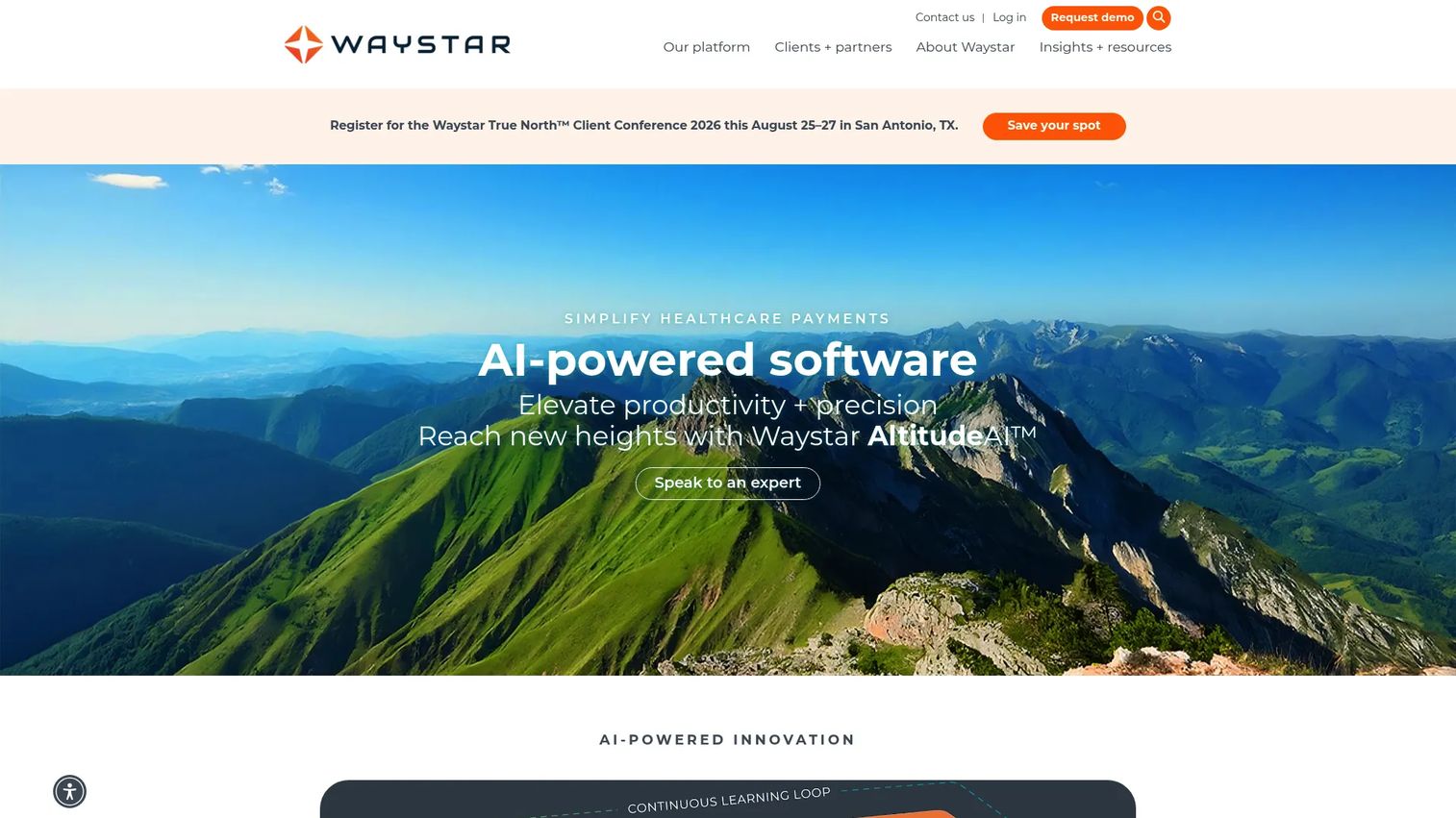 Waystar revenue cycle and utilization software homepage