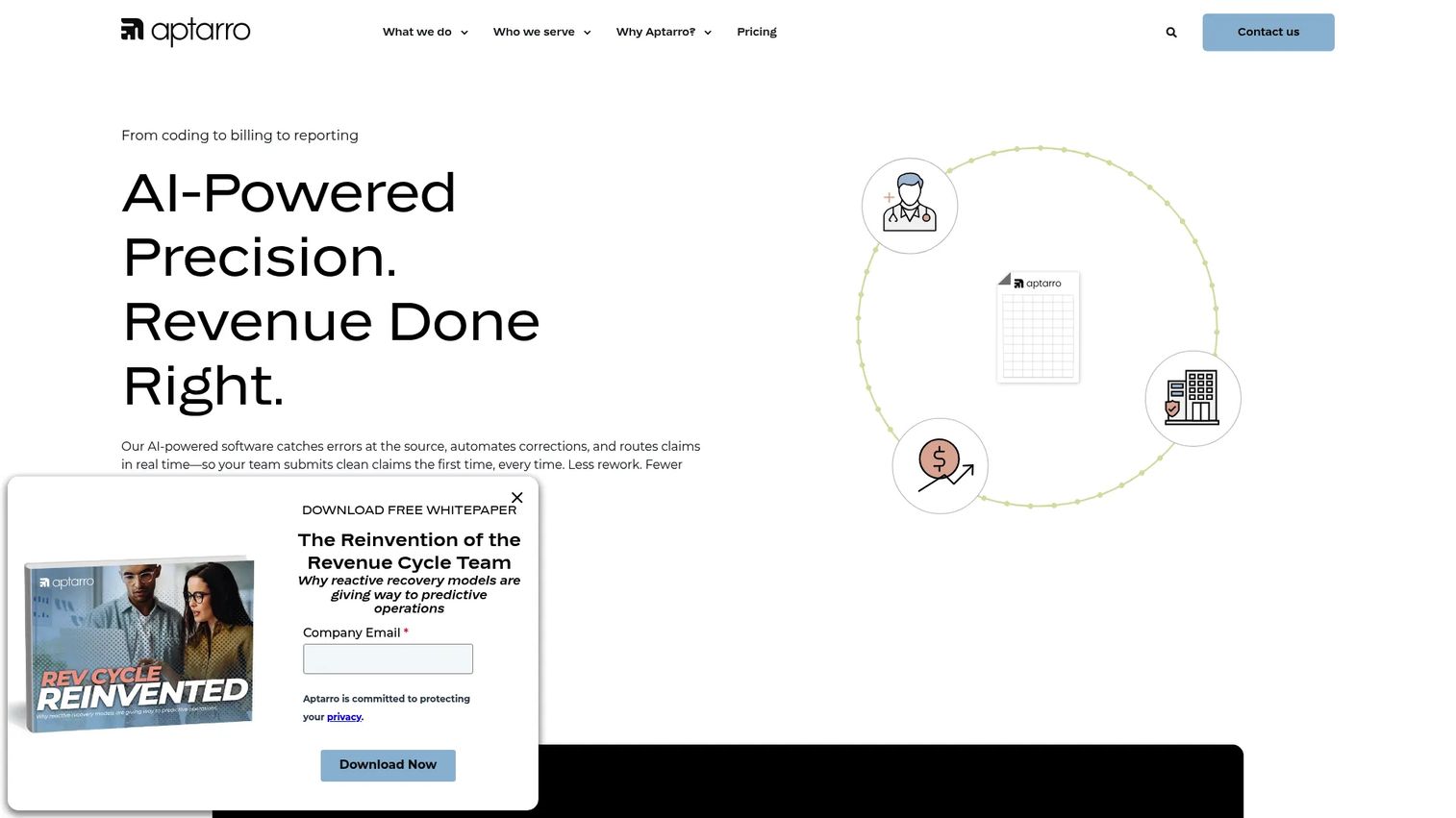 Aptarro AI revenue cycle engine and claim scrubbing homepage