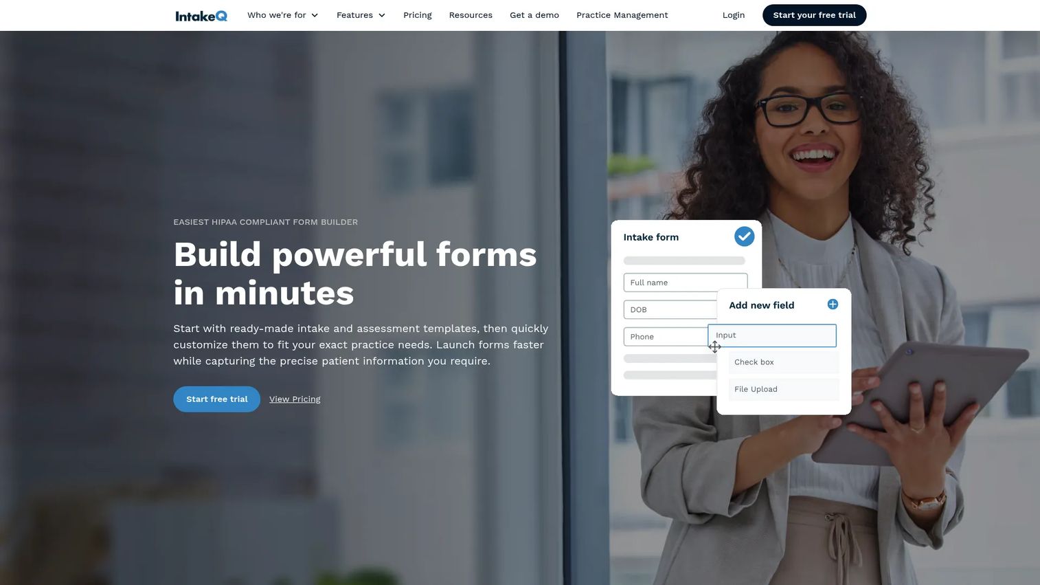IntakeQ intake form and practice management software homepage