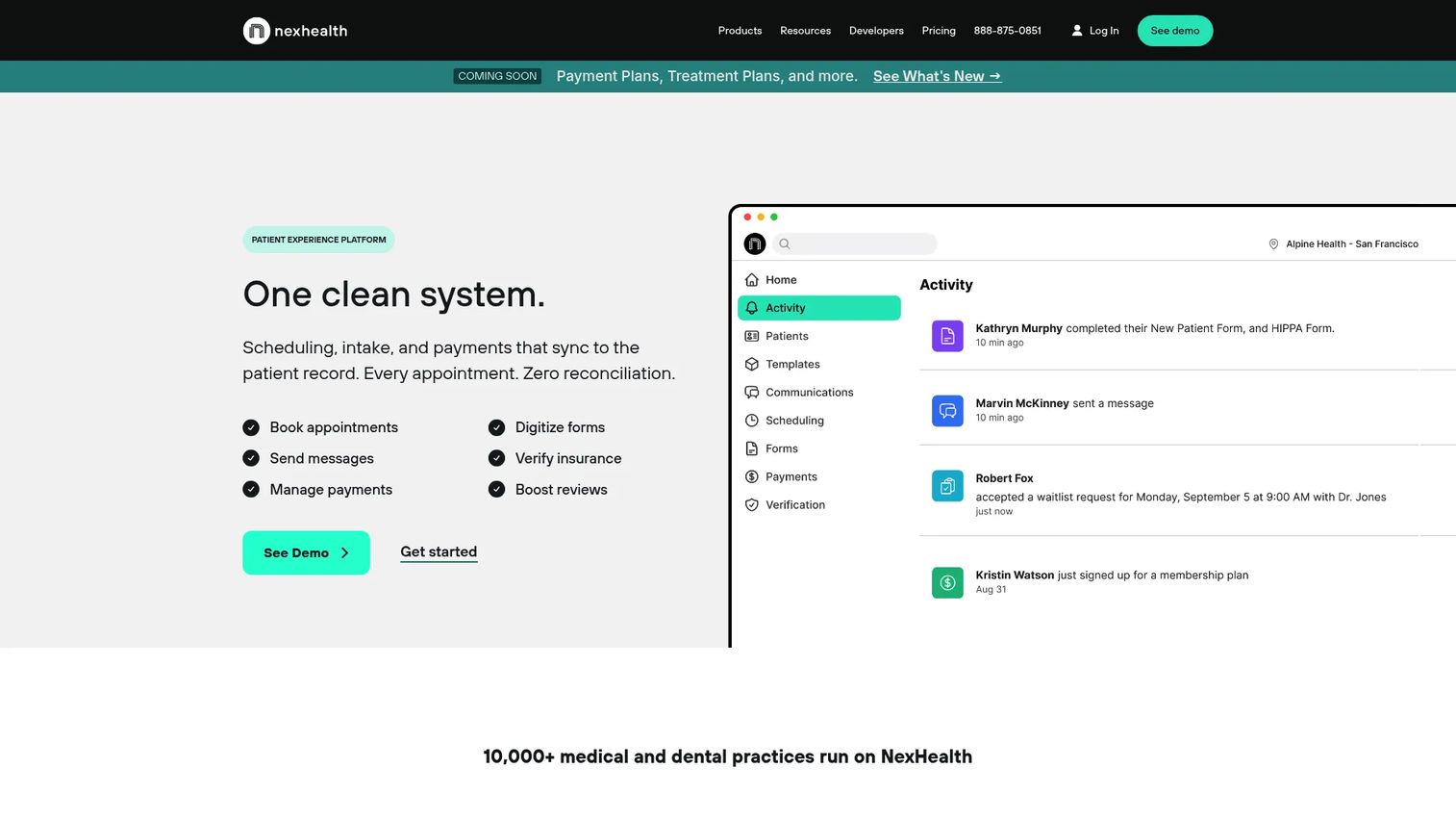 NexHealth patient experience and front-office automation platform homepage
