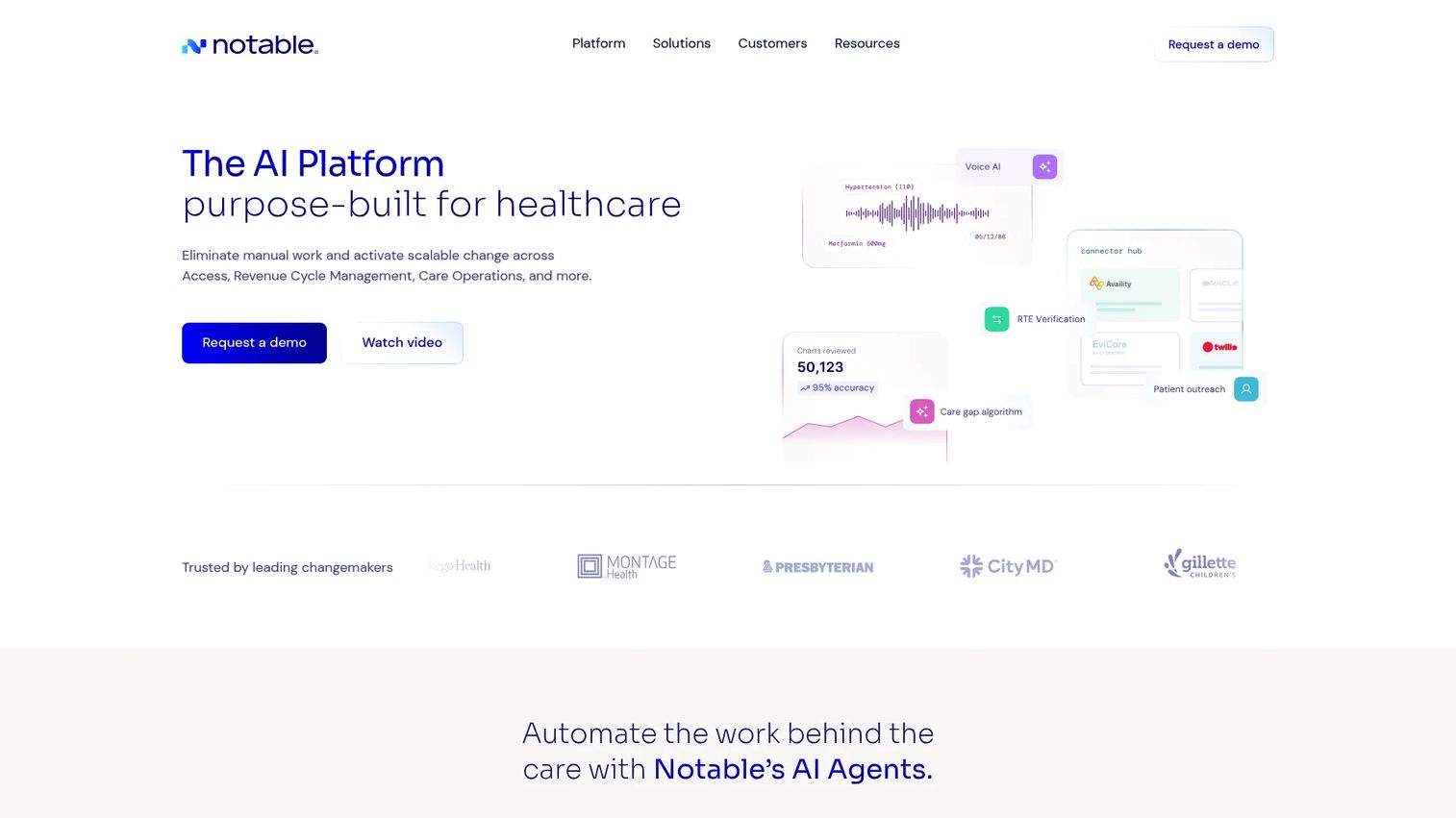 Notable AI healthcare automation platform homepage