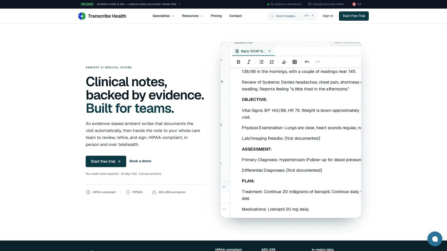 Transcribe Health clinical documentation homepage