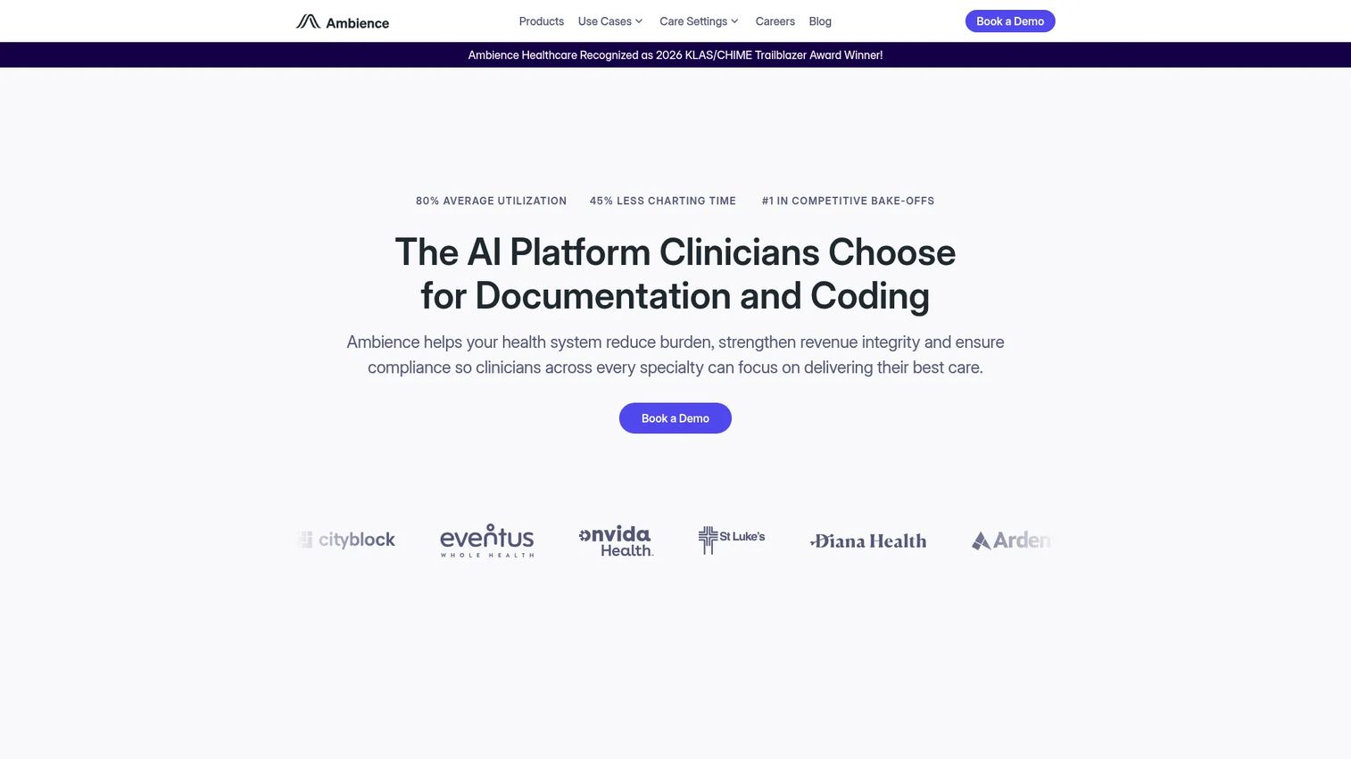 Ambience Healthcare clinical AI platform homepage