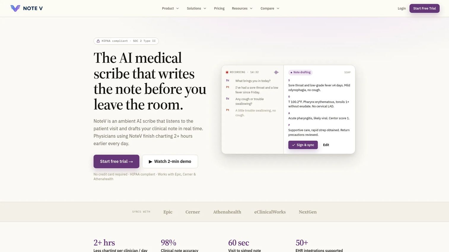 NoteV AI medical scribe homepage