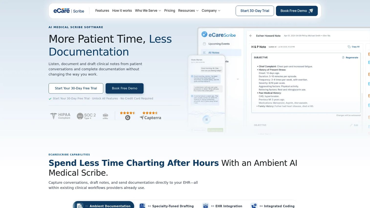 eCareScribe AI medical scribe homepage
