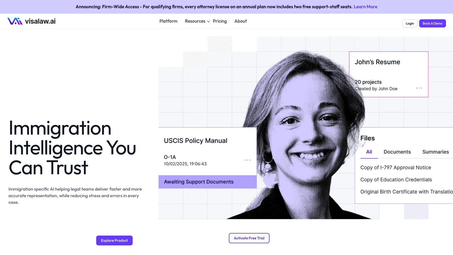 Visalaw AI immigration drafting software homepage