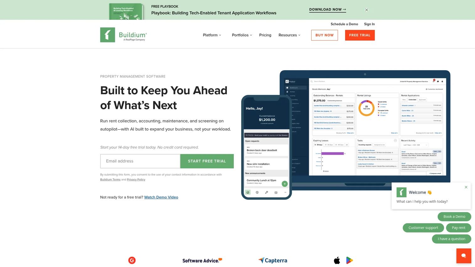 Buildium property management software homepage