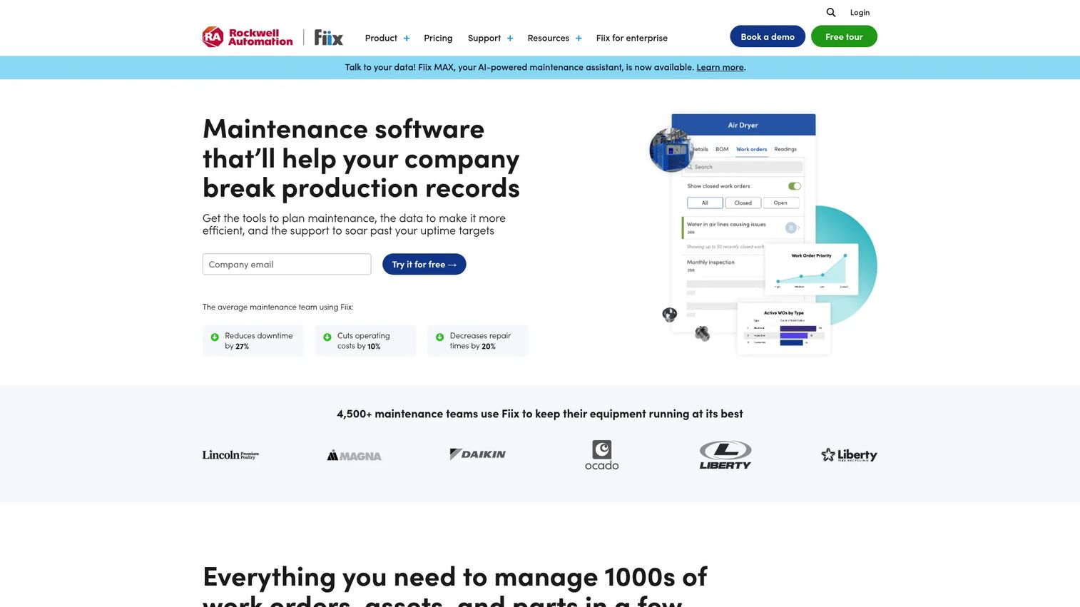 Fiix cloud CMMS and parts management interface