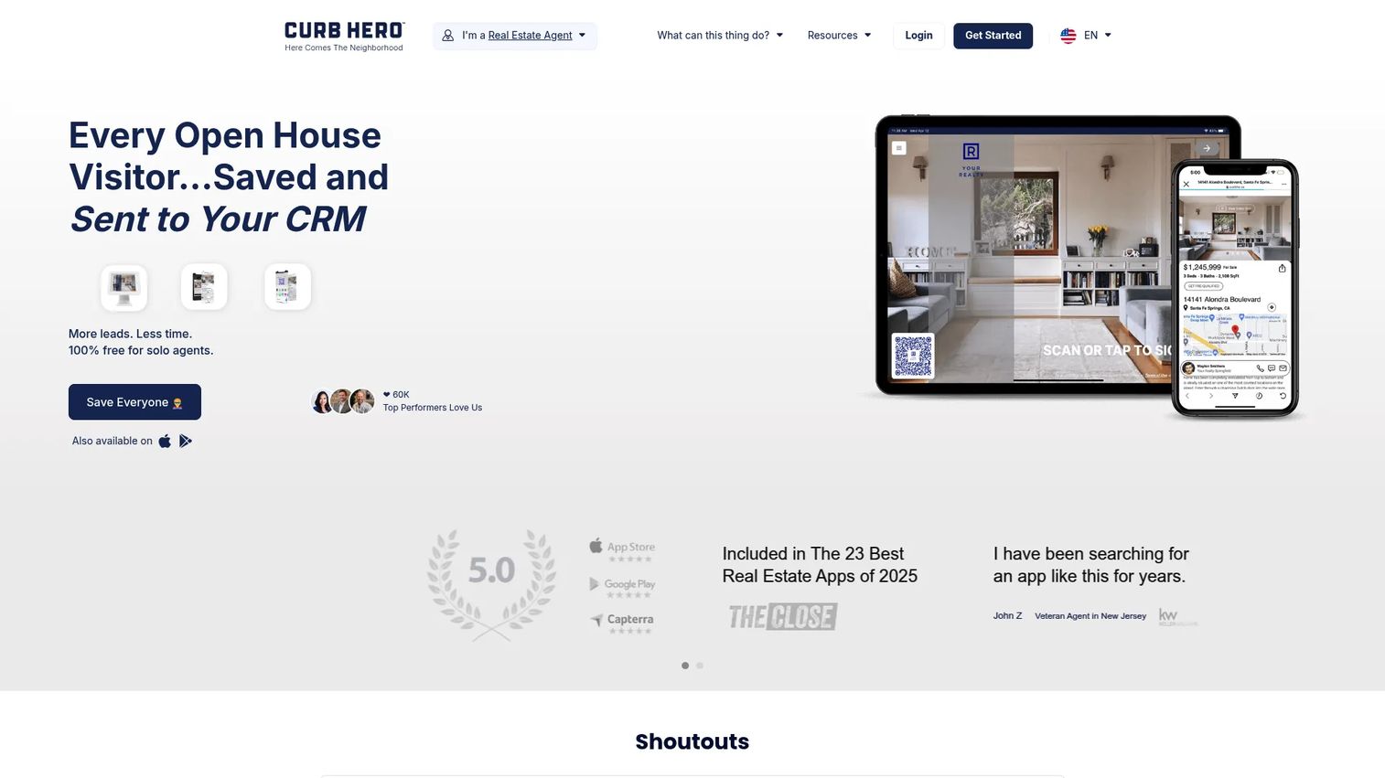 Curb Hero open house sign-in software homepage