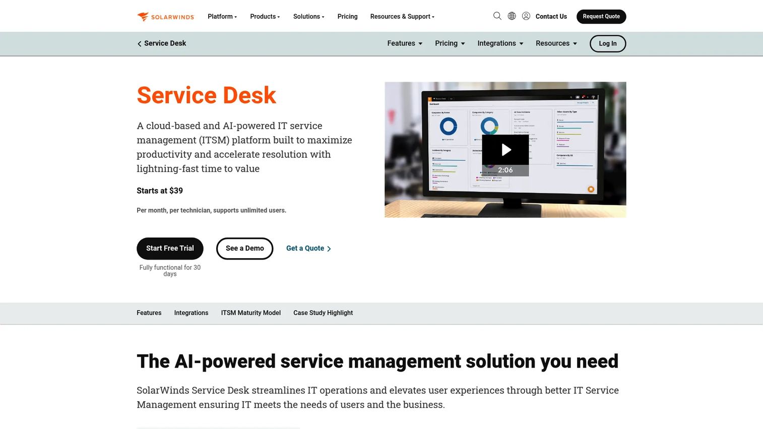 SolarWinds Service Desk product screenshot