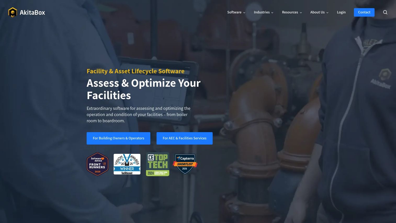 AkitaBox facility management software homepage showing floor plans and asset mapping
