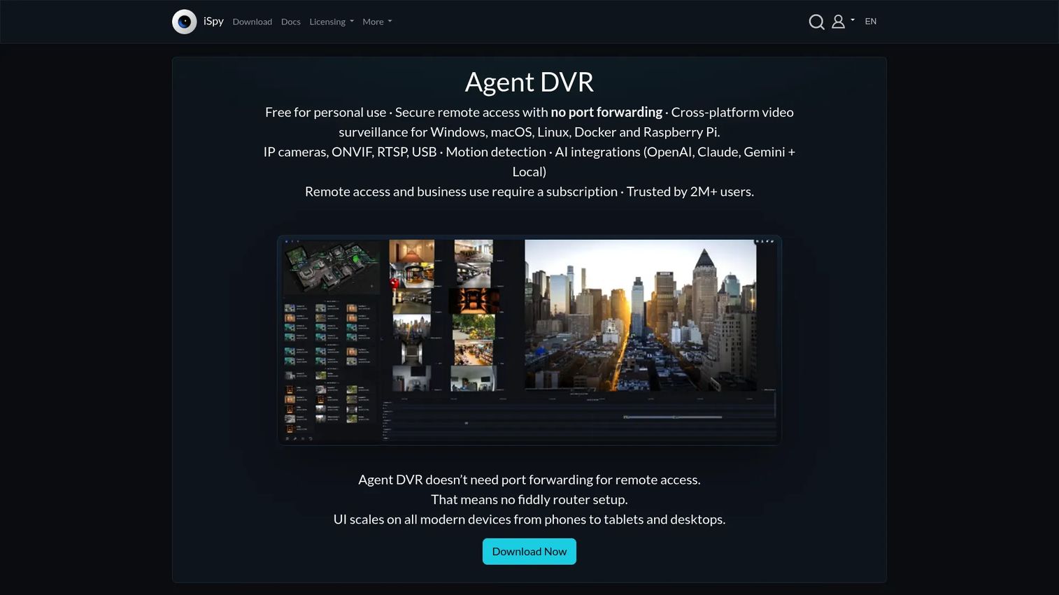 Agent DVR browser-based surveillance dashboard with camera grid