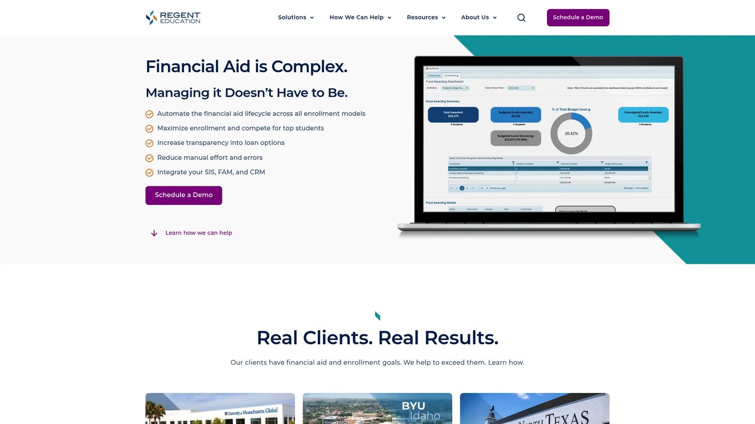 Regent Education financial aid automation homepage