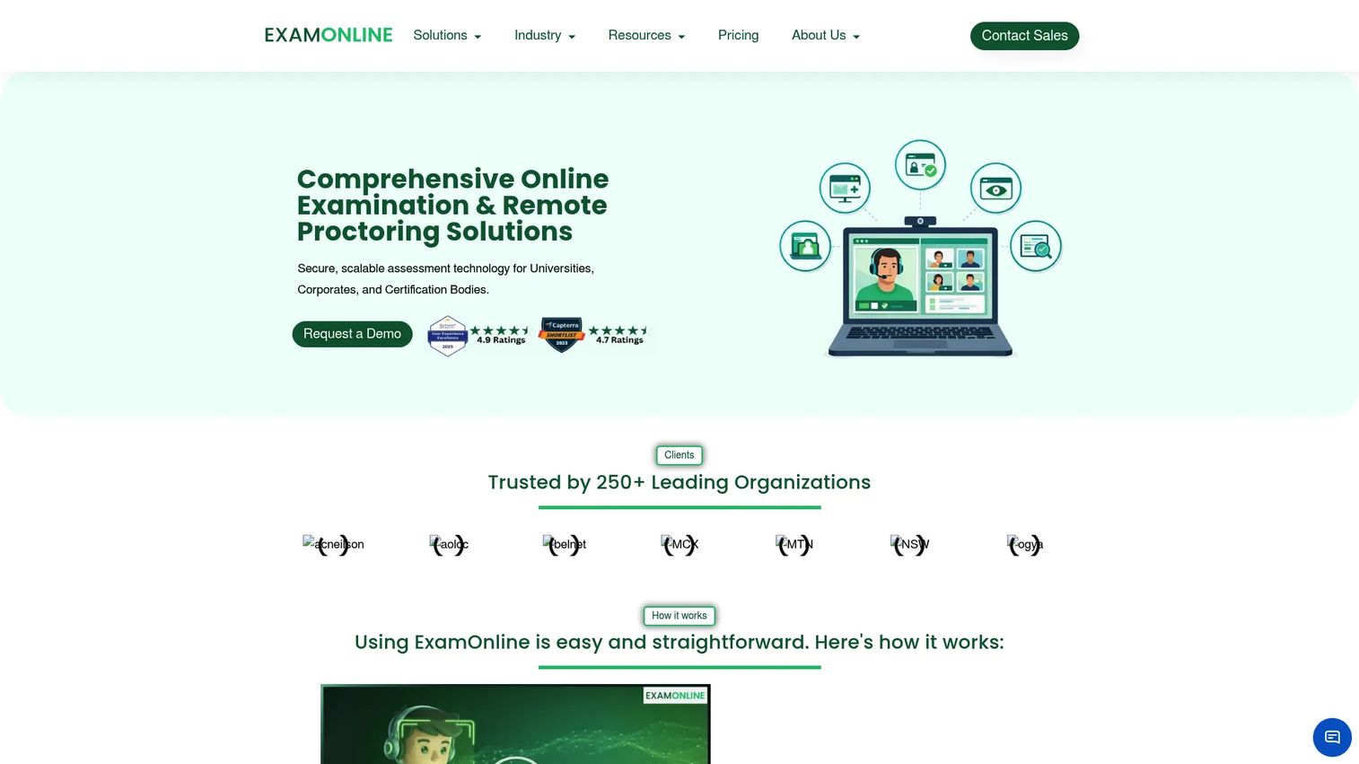 ExamOnline exam proctoring services homepage