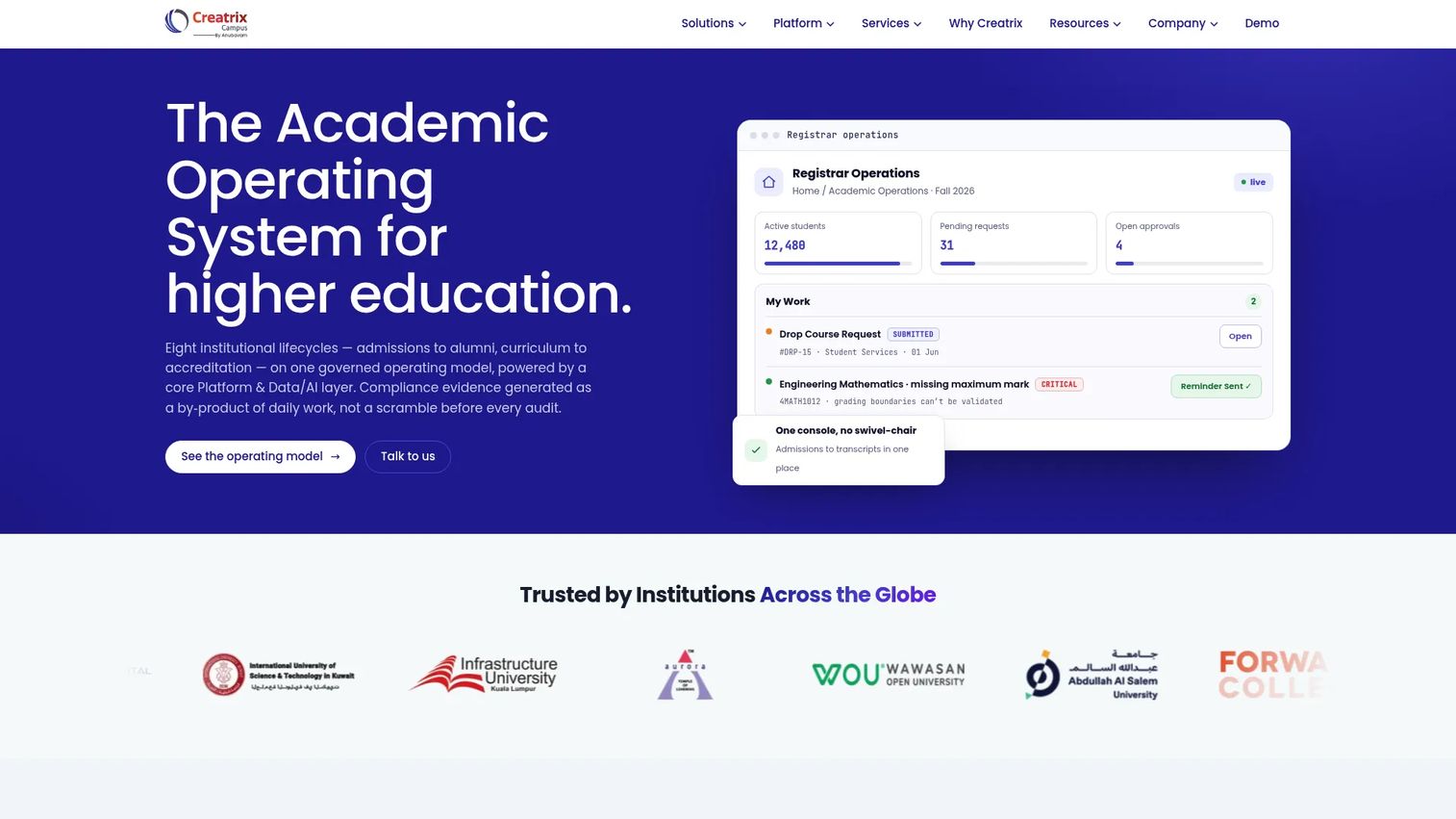 Creatrix Campus higher education platform homepage