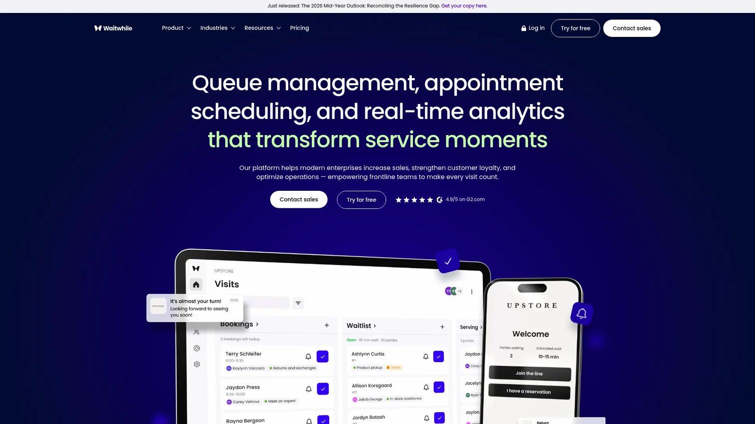 Waitwhile waitlist and queue management software homepage