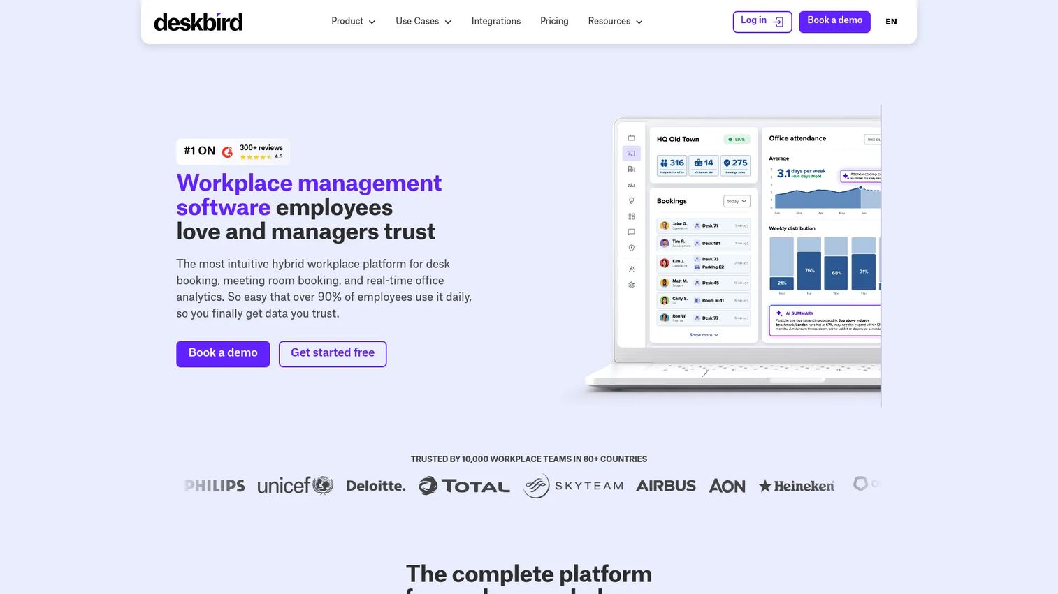 deskbird workplace management homepage
