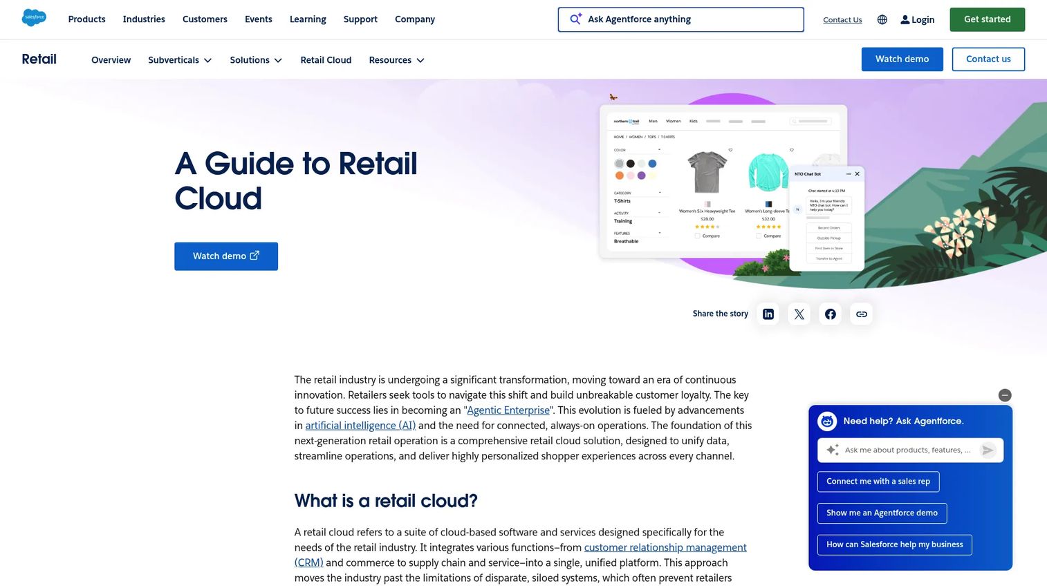 Salesforce Retail Cloud homepage showing unified retail commerce and AI capabilities