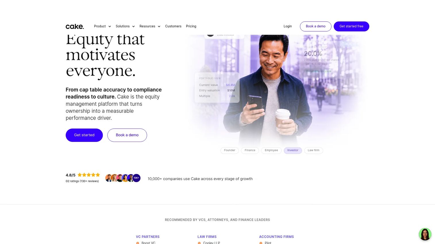Cake Equity cap table software homepage