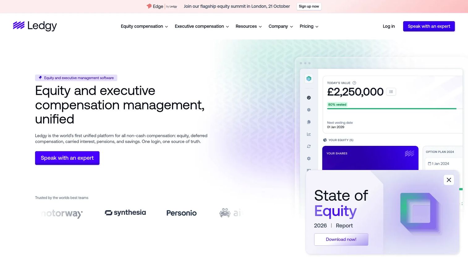 Ledgy equity management software homepage