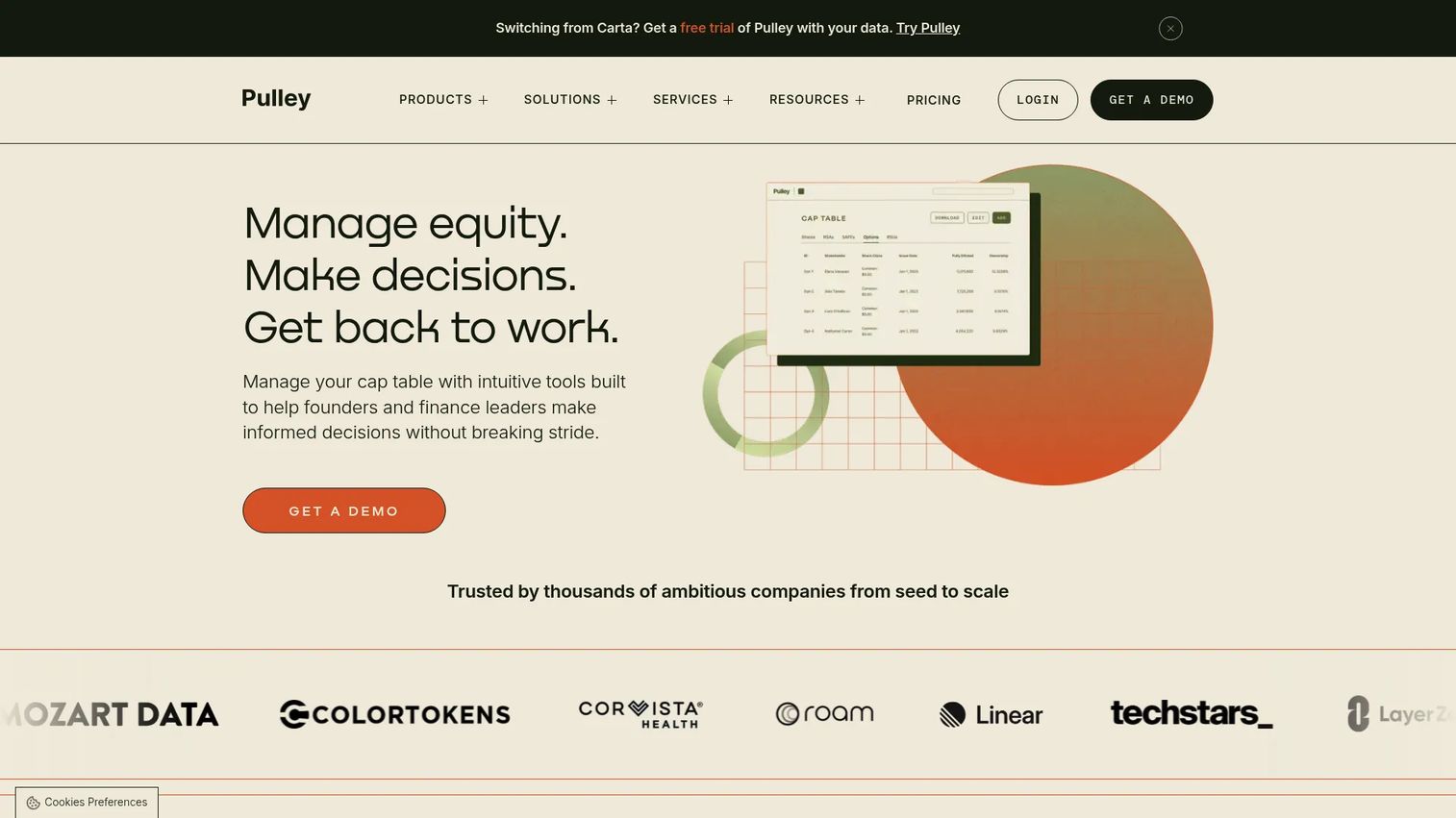 Pulley cap table software homepage