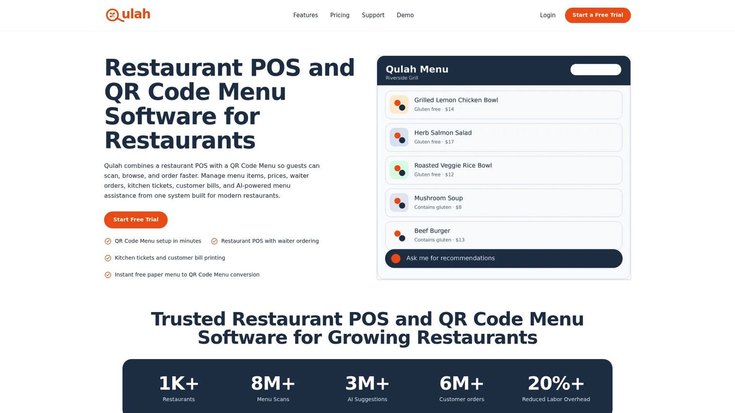 Qulah QR code menu and POS software homepage