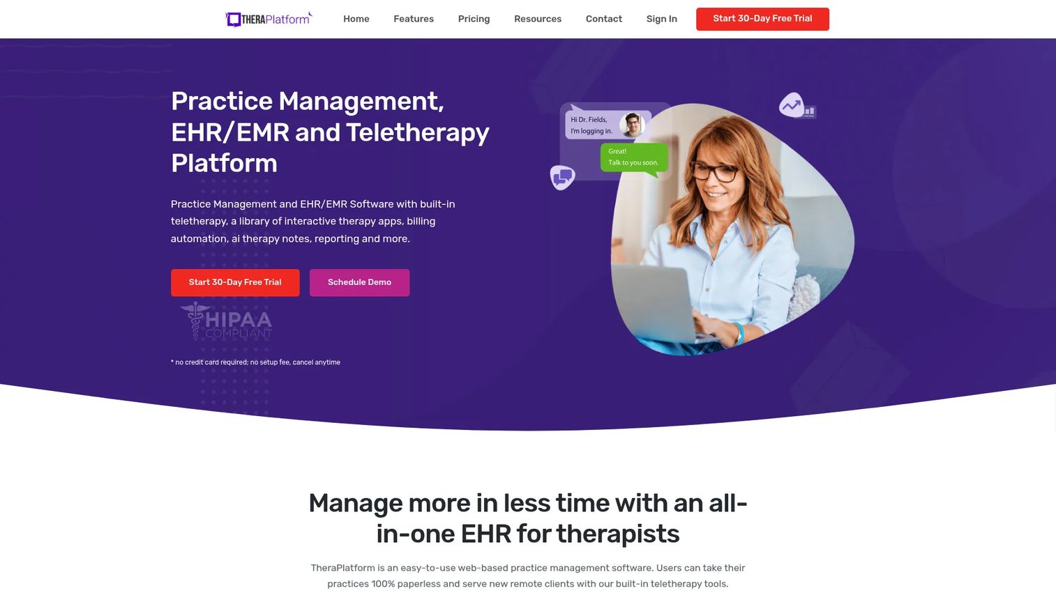 TheraPlatform teletherapy and EHR homepage