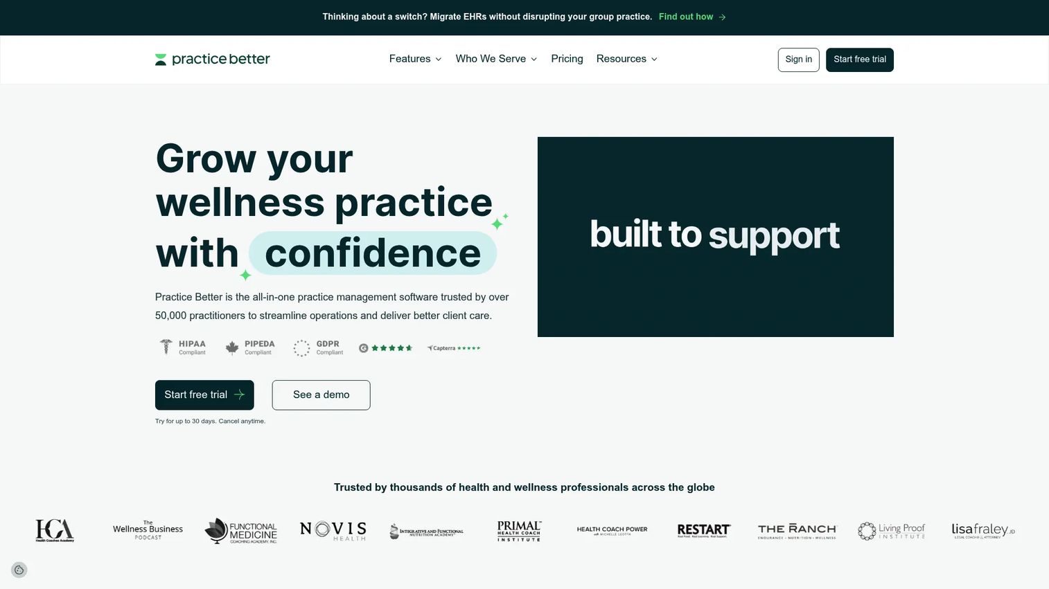 Practice Better all-in-one wellness EHR homepage