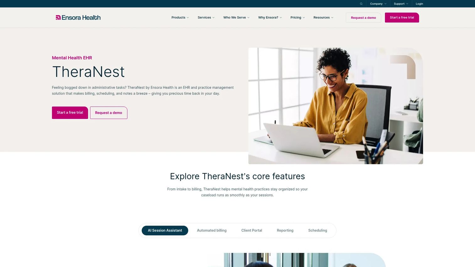 TheraNest mental health EHR homepage