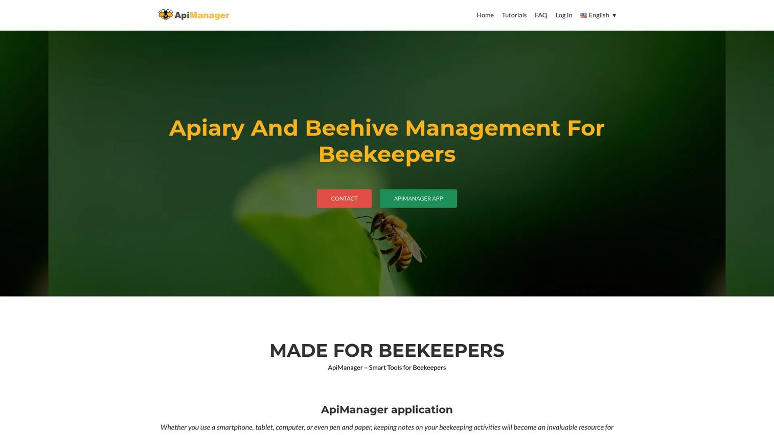 ApiManager beekeeping software homepage showing apiary and hive management features