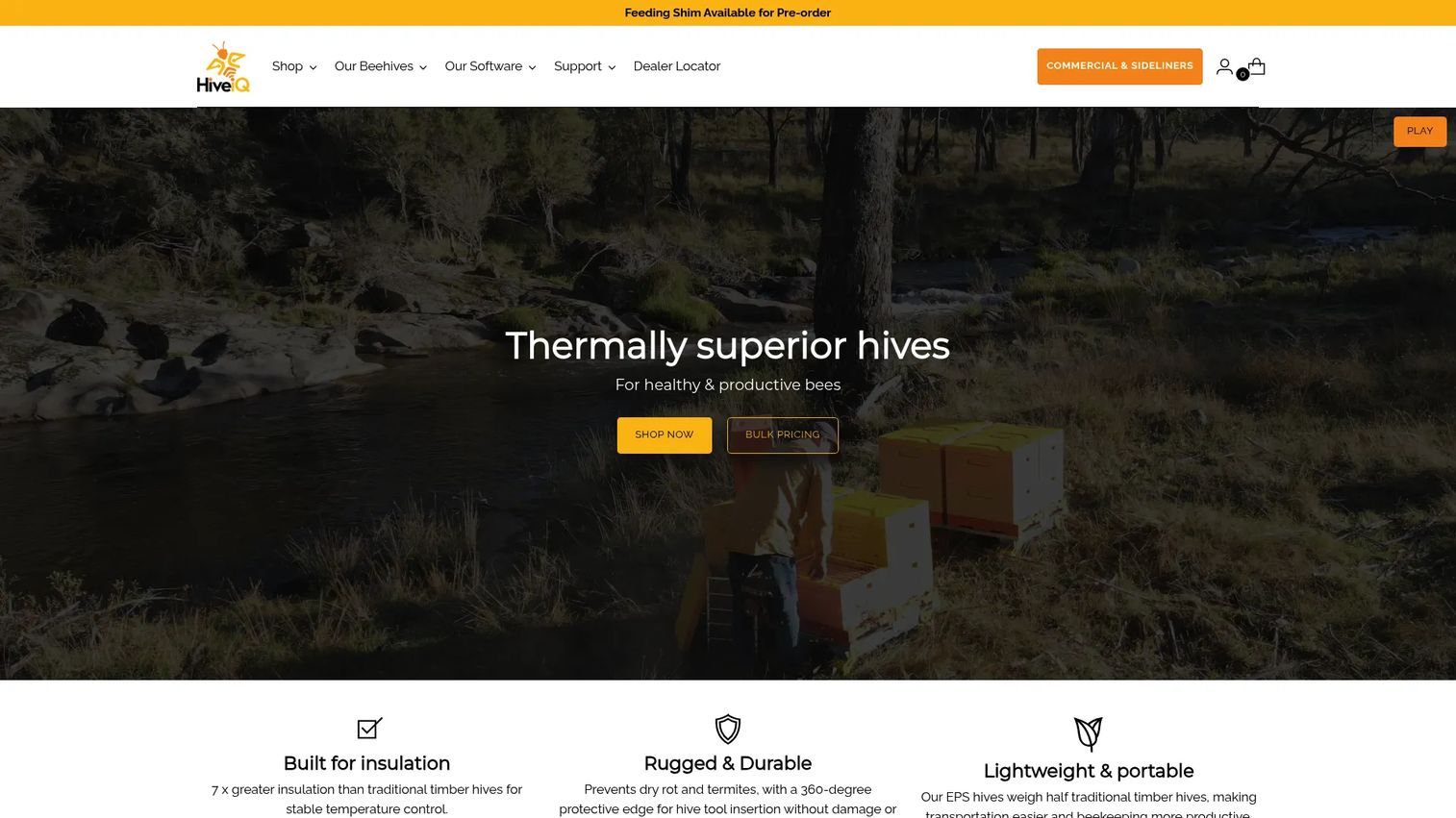 HiveiQ homepage showing beehive products and Clover beekeeping management software