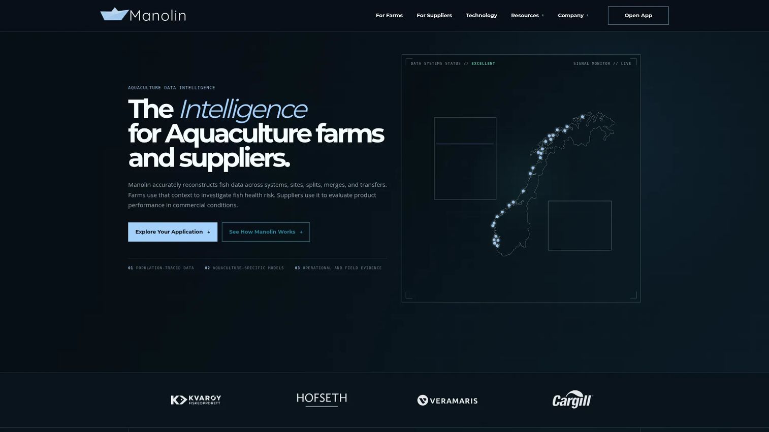 Manolin aquaculture data intelligence platform homepage