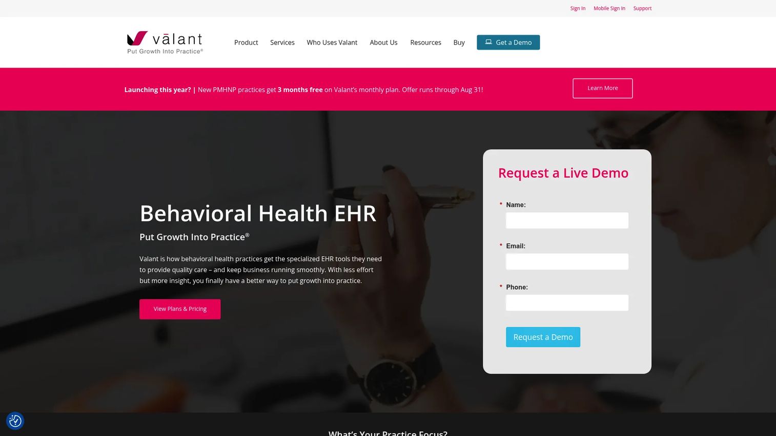 Valant behavioral health EHR dashboard
