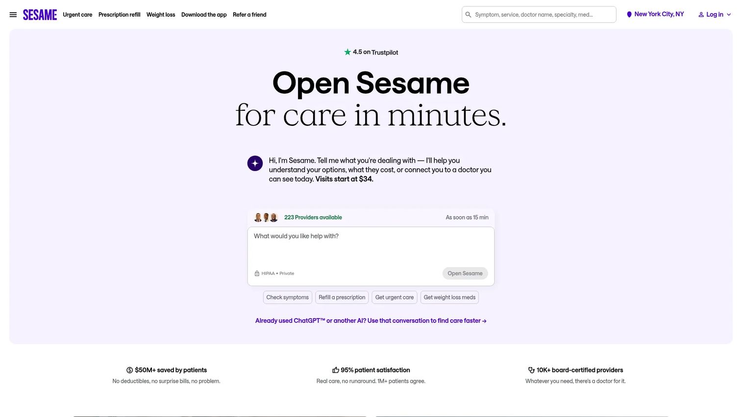 Sesame Care cash-pay telehealth marketplace homepage
