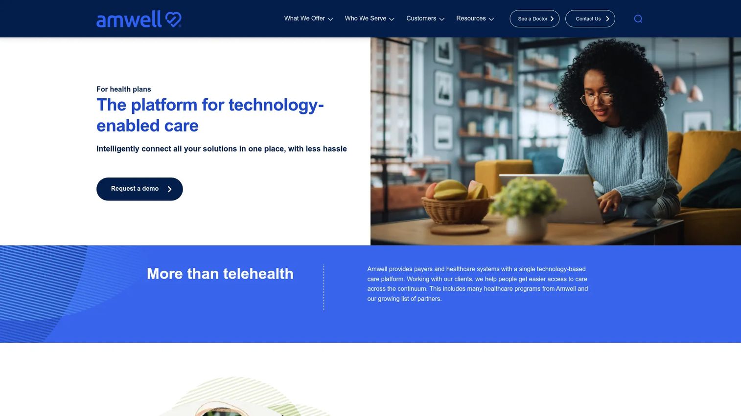 Amwell virtual and hybrid care platform homepage