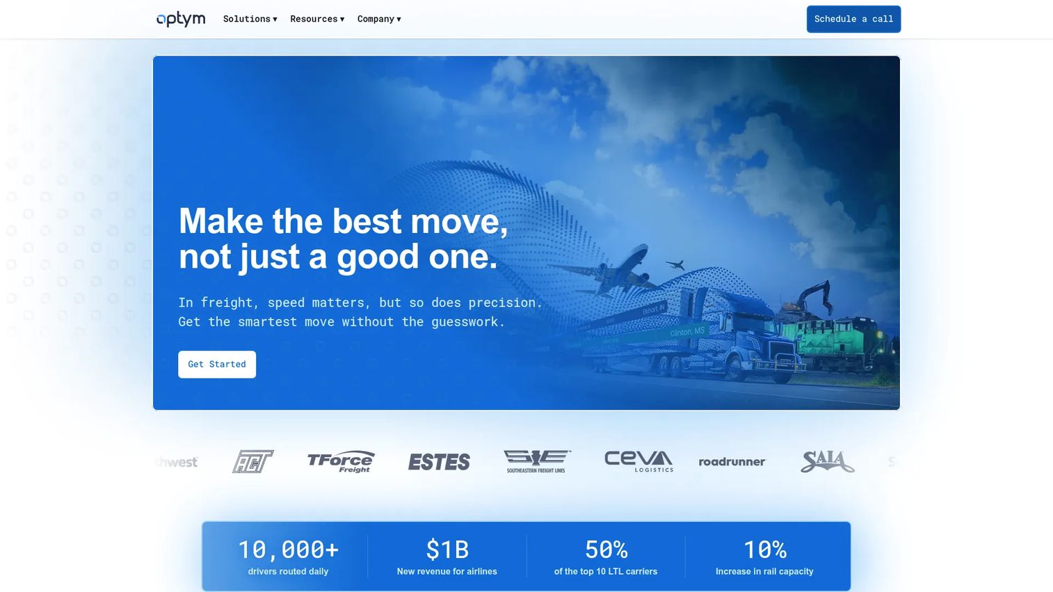 Optym AI-powered transportation optimization software homepage
