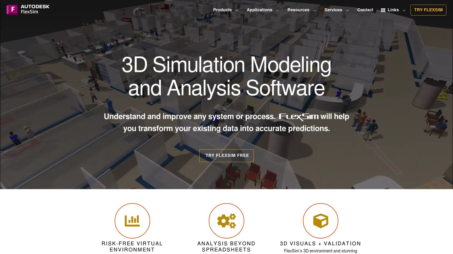 Autodesk FlexSim 3D warehouse simulation model with racking and conveyor flow