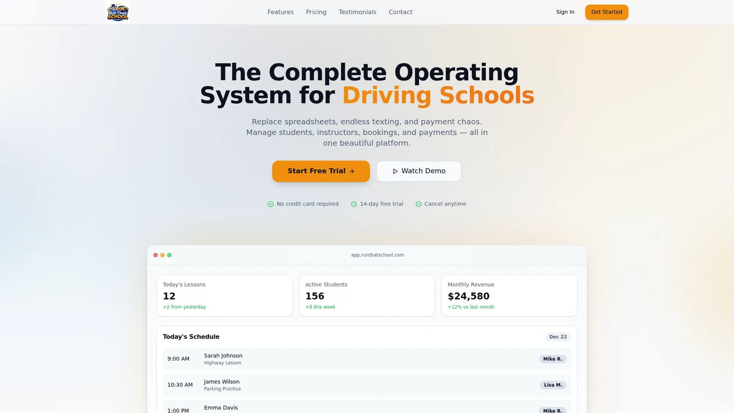 Run That School homepage showing scheduling, payments, and analytics