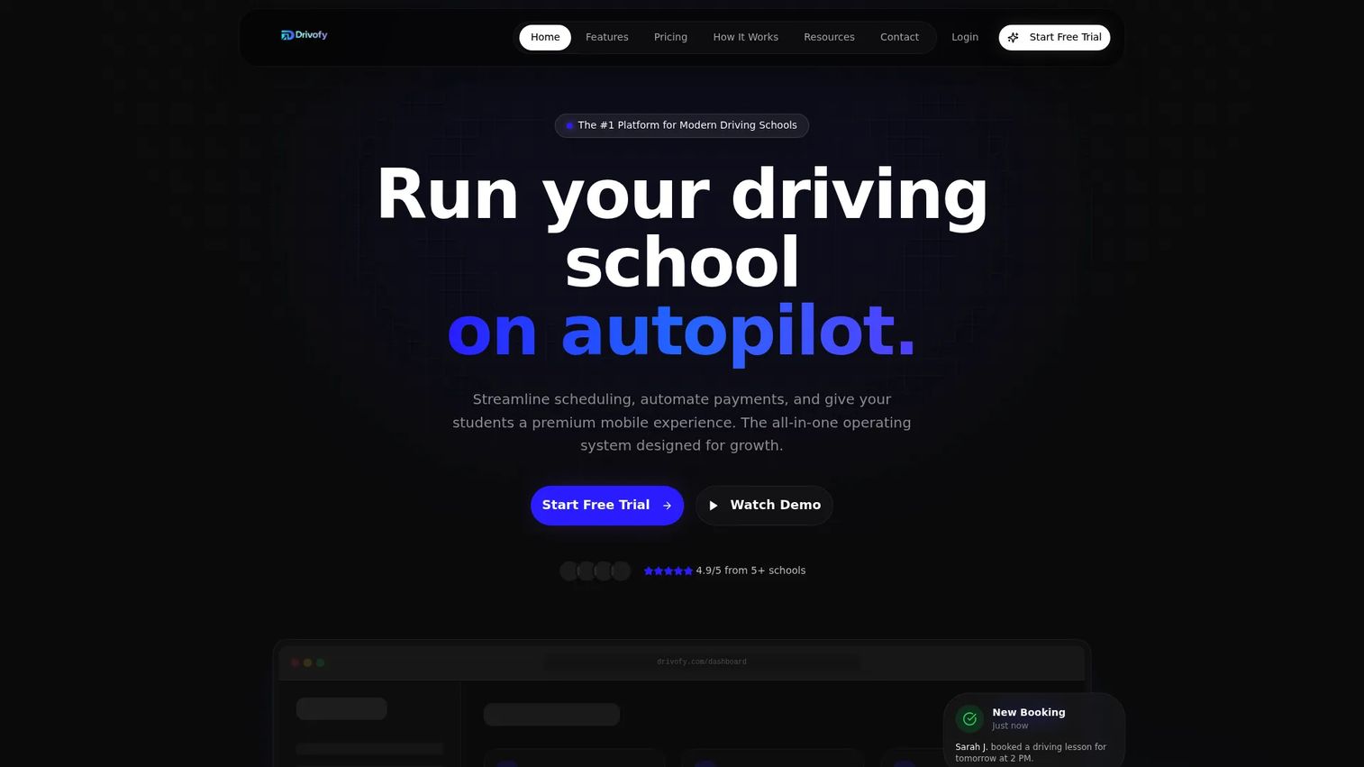 Drivofy homepage showing mobile-first scheduling and student portal
