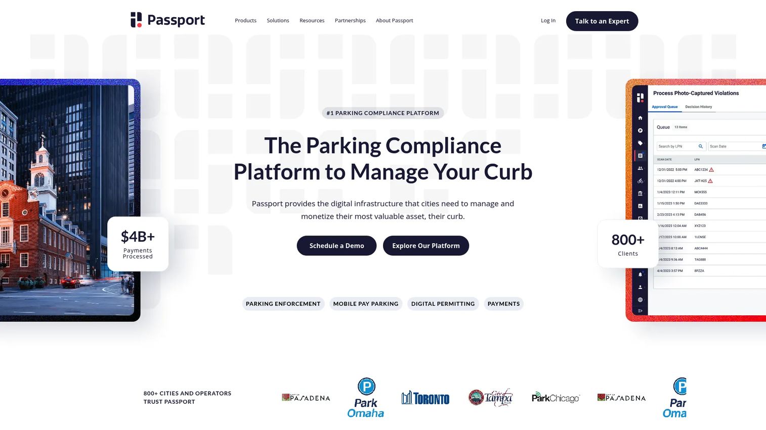 Passport parking software platform homepage